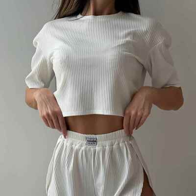 Womens Solid Ribbed Crop Tee Shorts Pajama Twopiece Set