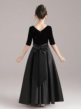 高档女童黑色领钢团琴礼V服演出服公裙儿童管主弦乐中袖缎面舞台