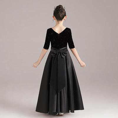 正品女童弦黑色V领钢琴礼服演出服公主裙儿童管乐团中袖舞台缎装