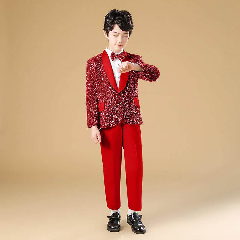 高档小西男孩幻想灰色片钢琴表演服男孩舞台表演服装装小西装裤亮