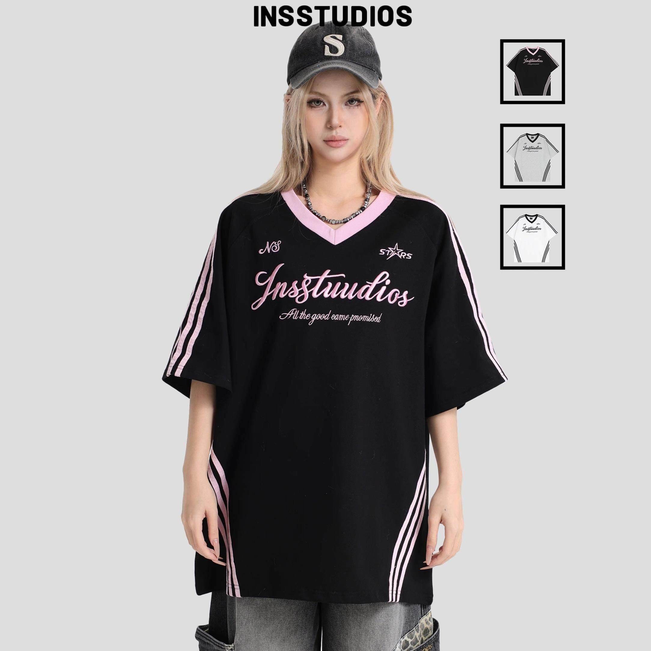 INSstudios 国潮牌情侣美式三条杠撞色拼接V领短袖宽松条纹t恤男