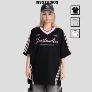 INSstudios 国潮牌情侣美式三条杠撞色拼接V领短袖宽松条纹t恤男