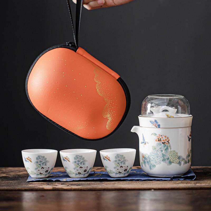 羊脂玉瓷如意快客杯一壶四杯国潮风旅行茶具套装轻奢复古户外便携