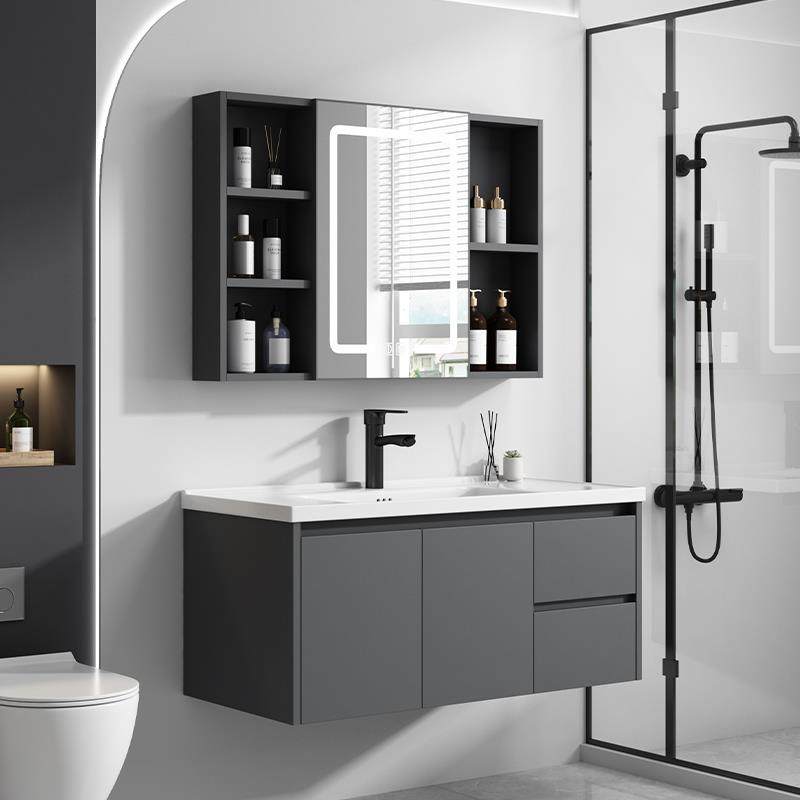 简约太空铝浴室柜组合卫生间岩板漱台池陶瓷一体洗脸盆洗手双抽屉