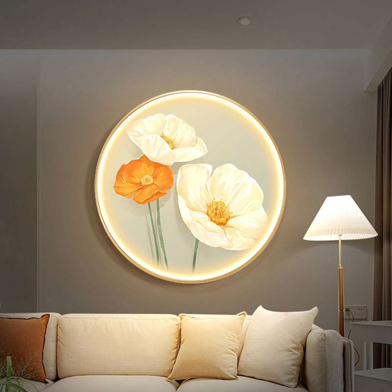 北欧ins治愈系圆形壁画餐厅装饰画带LED灯小清新温馨卧室床头挂画图片
