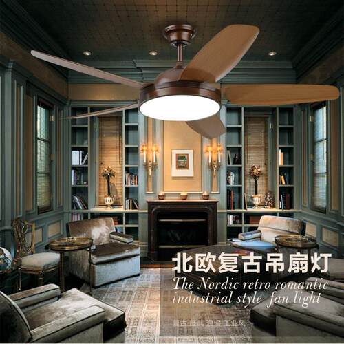 业吊扇灯工复古风扇灯美式餐FZL-099d厅纹客厅带灯吊扇木le仿古木