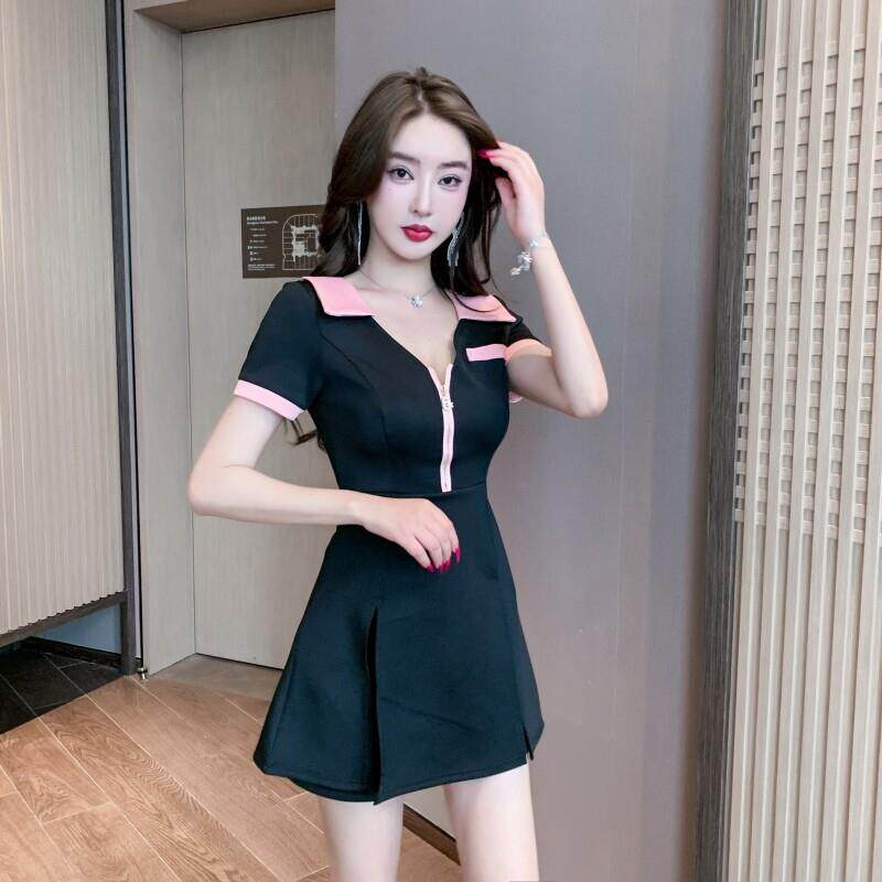 夏季新款足疗足浴美容院工作服女气质低胸V领显瘦性感翻领连衣裙