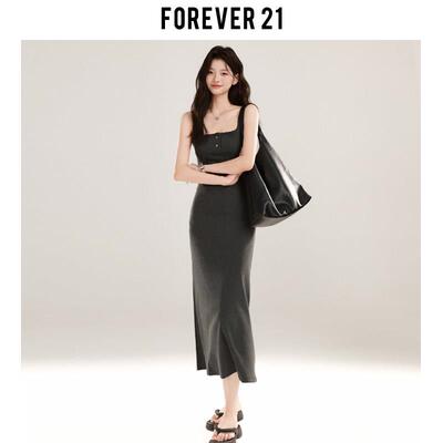 Forever 21纯欲灰色包臀吊带裙女美式休闲背心打底收腰连衣长裙子