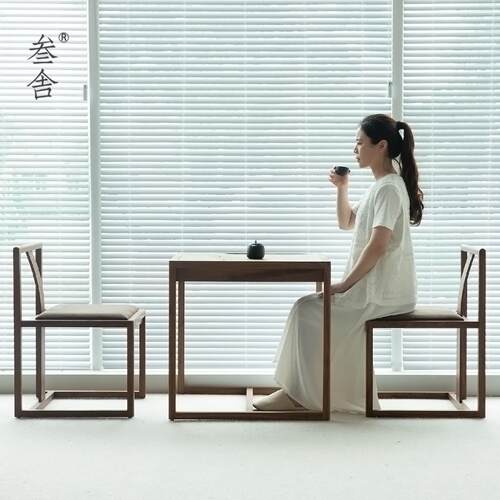 叁舍家用阳台两人茶桌椅组合黑胡桃实木简约现代四方形小户型茶台