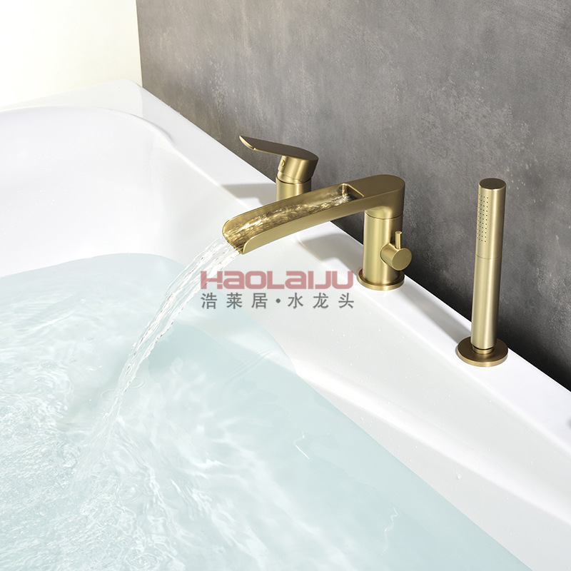 铜浴缸龙头缸边式分体拉丝金五件套瀑布出水口三件套加长大流量