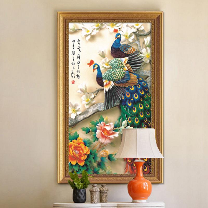 革马兰玄关装饰画竖版走廊过道挂画欧式客厅画单幅壁画油画孔雀