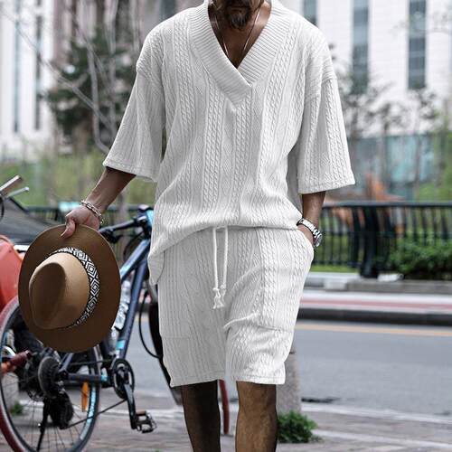 Men's Knitted Texture T-Shirt Set, V-Neck Short Sleeve