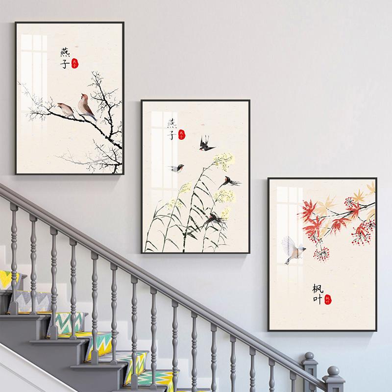 网红式晶瓷楼梯装画画现代中式楼道画联挂覆三画饰画客厅玄关走廊图片