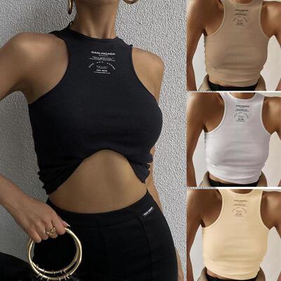 Letter printed crop top with exposed navel for slimming