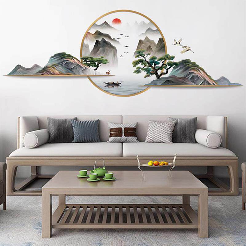 山水墙纸自粘卧室温馨中国风电视背景中式墙贴纸装饰床头墙壁贴画