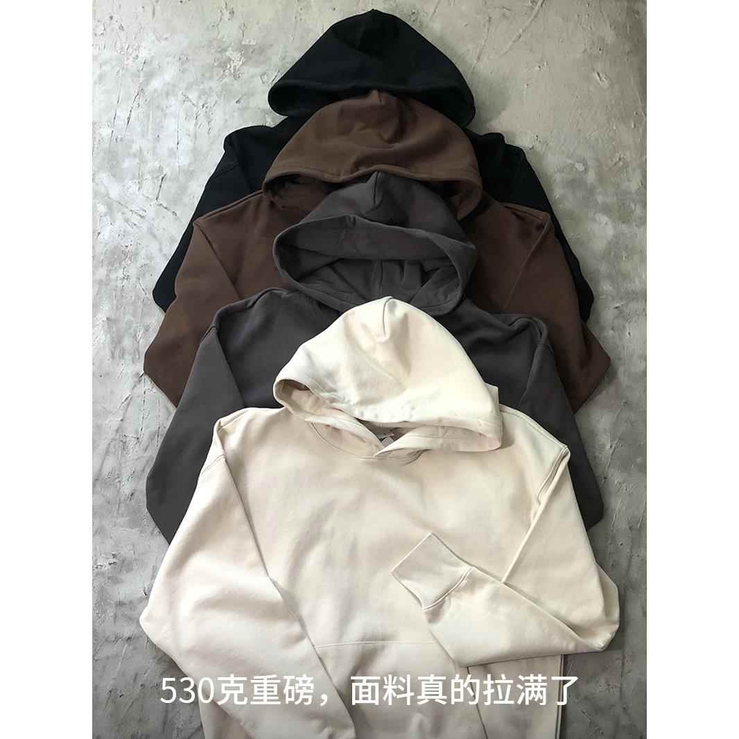 530g重磅纯棉连帽卫衣美式覆古宽松休闲黑白灰秋冬男女外套头帽衫