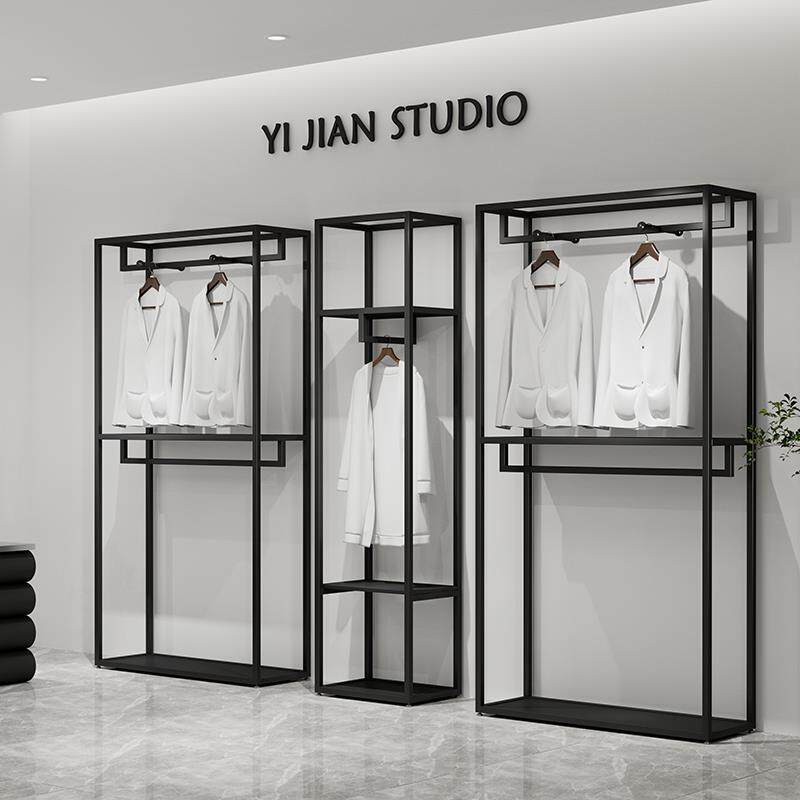 服装店展示架铁艺黑色服装架男女装店货架双层落地衣架陈列架包架