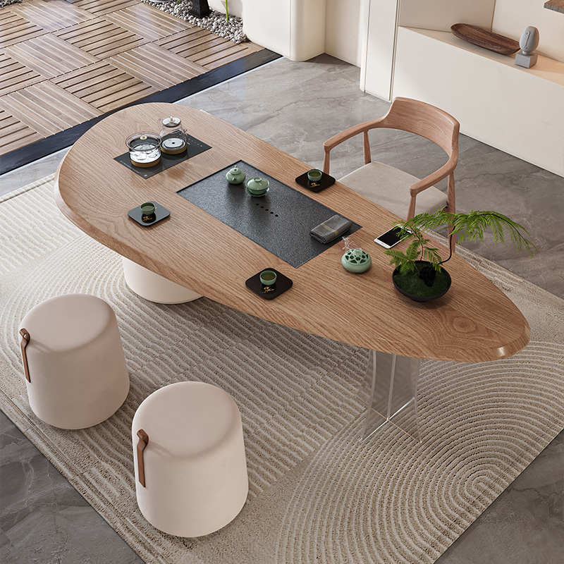 奶油风茶台家用一体泡茶桌原木实木阳台茶桌椅组合新款悬浮亚克力