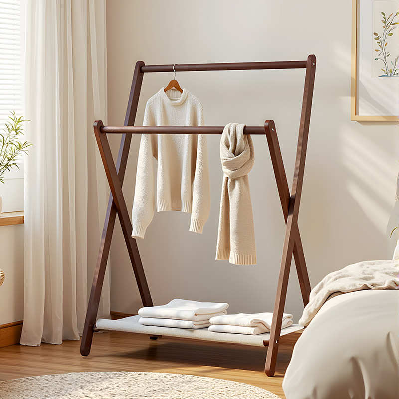 实木落地式挂衣架家用卧室衣帽架小型简易房间床头边折叠置物架子