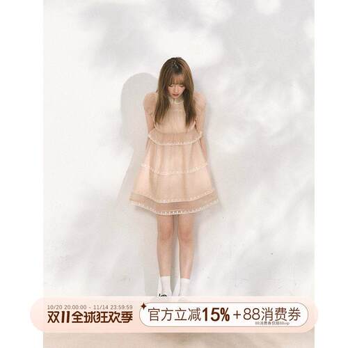 霍里德地图 新贵女孩 千金感蕾丝拼接云纱娃娃领高腰蓬蓬连衣裙