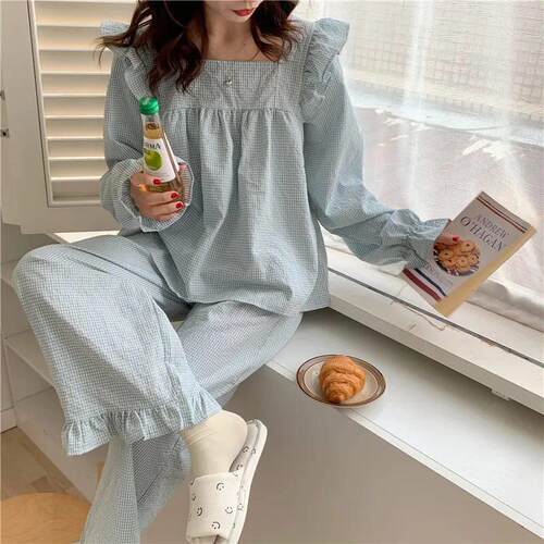 Pajama Set Plaid Homewear Two Piece Set Women Sleepwear Long