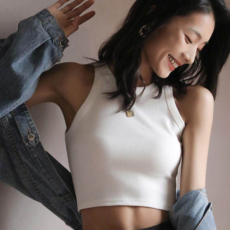 ins风白色挂颈工字螺纹棉吊带女防走光遮副乳短款露脐bm运动背心