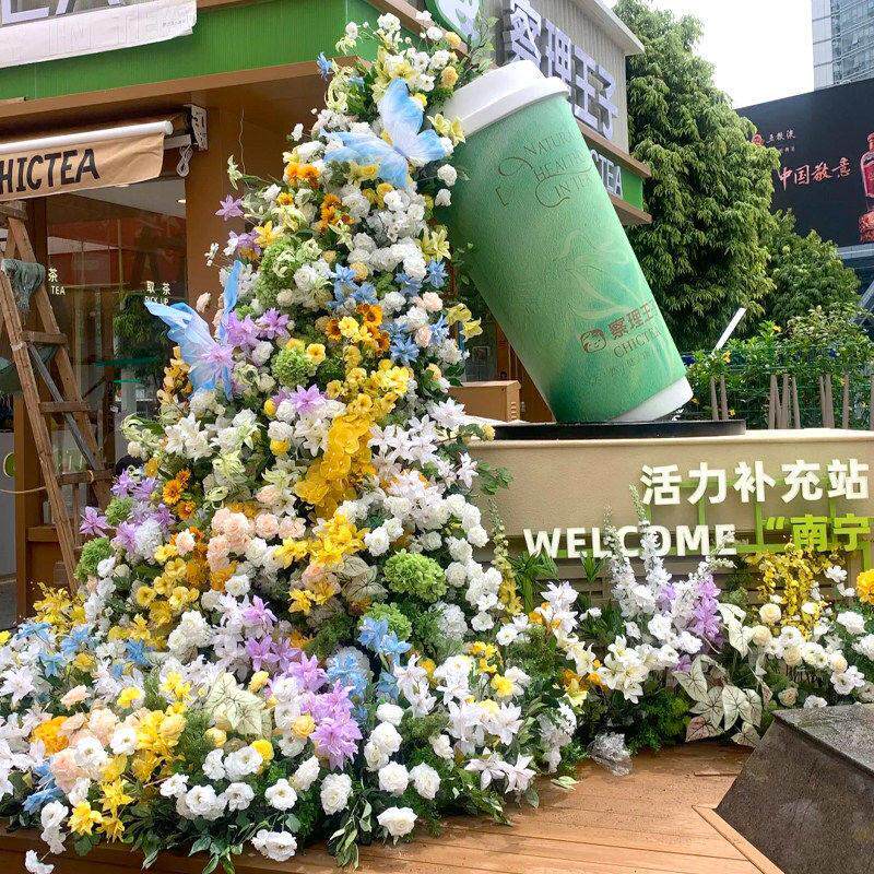 瀑布彷真花网红造景打卡背景装饰户外风景区商业街门店文旅场景布