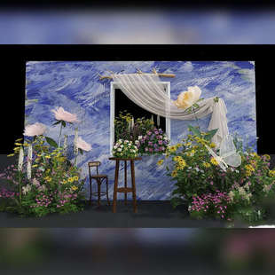 紫色花艺油画造景婚庆婚礼美陈置景迎宾合影区商场布置装饰拍照点