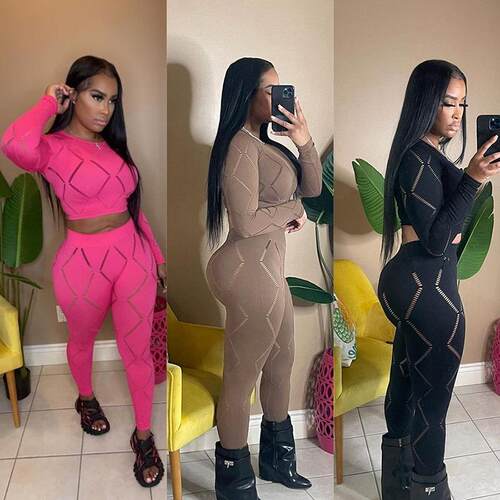 Hollow-Out Crop Tops Pants Sets Clothes Crewneck