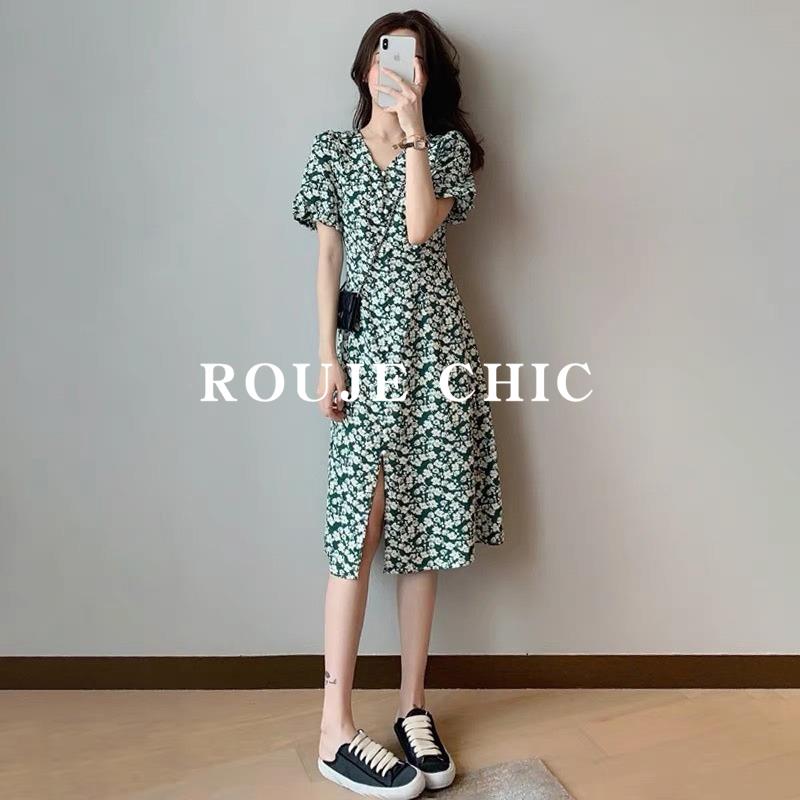 法国Rouje Chic法式高级感泡泡袖洋装女夏季气质V领碎花短裙子