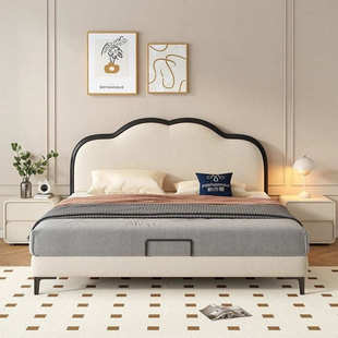 现代大皮复古风奶油双人床猫简约奢主卧室床布艺轻公主法式 抓床风