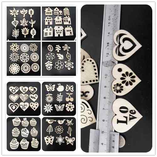 厂家直销新款现货木片薄装饰几十种款式diy材料形状 镂空混款木片