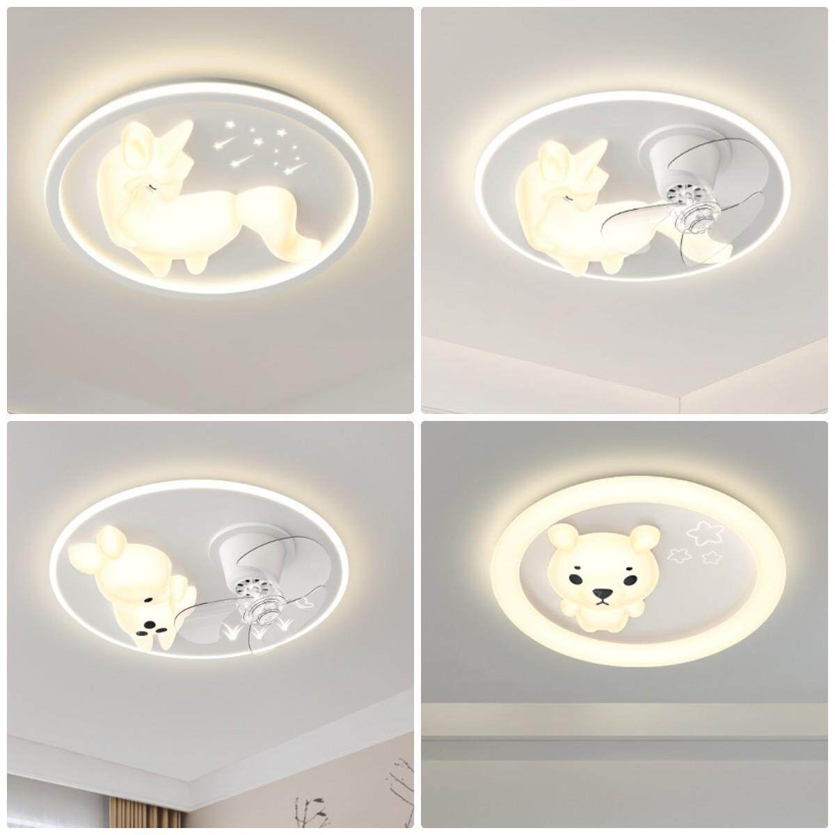 现代简约儿童房间吸顶灯创意个性圆形独角兽温馨卧室摇头风扇灯具