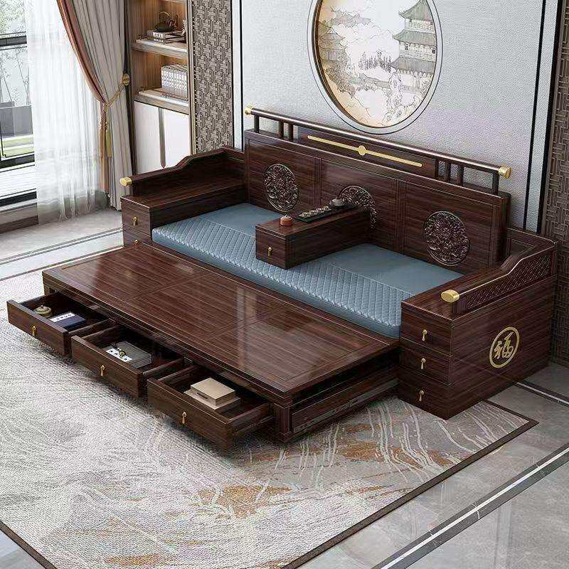 新中式沙发罗汉床实木紫金檀折叠沙发床推拉可伸缩储物客厅沙发床