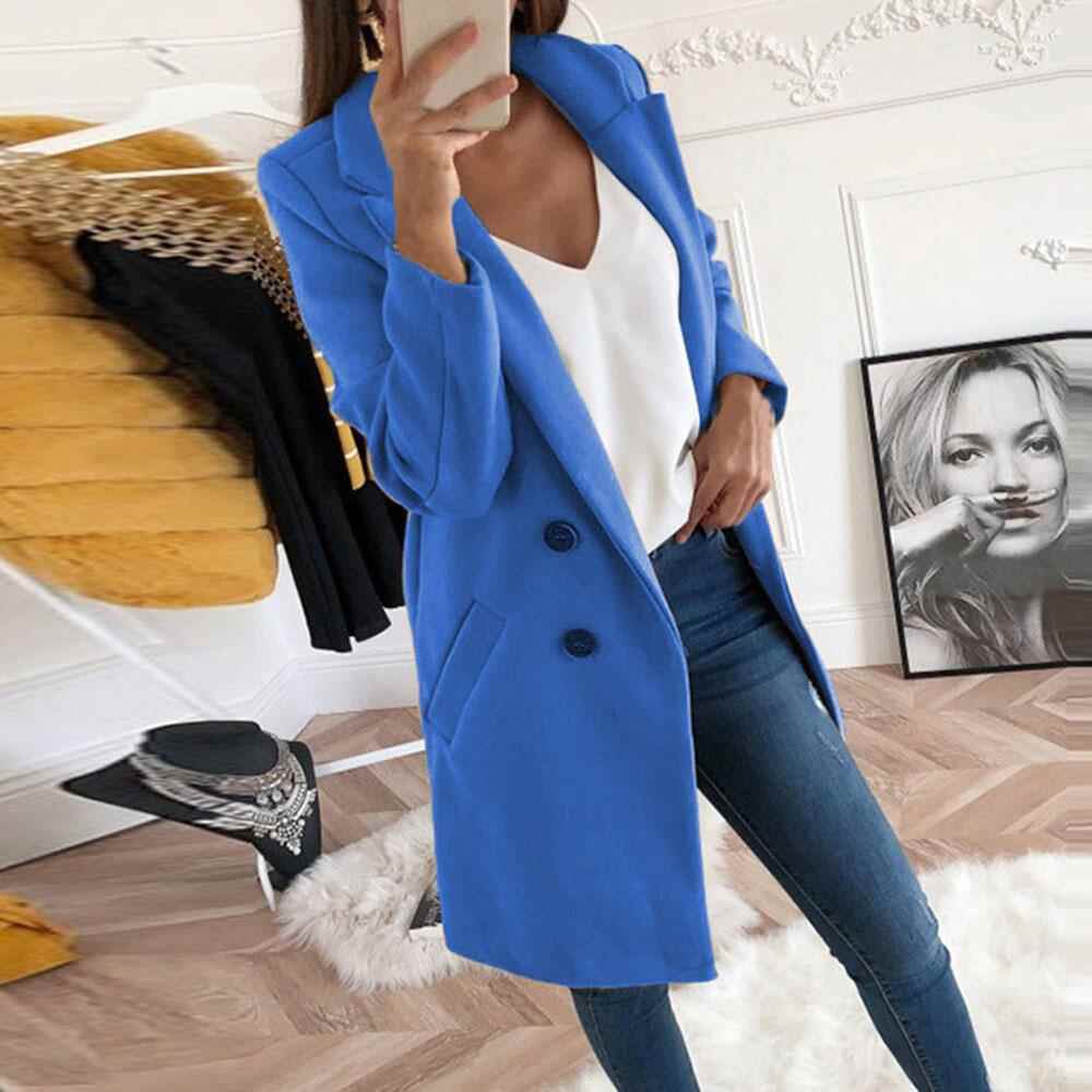 Women's solid color lapel mid-length button woolen coat