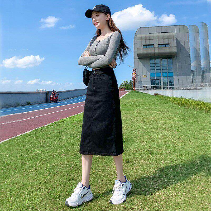 黑色牛仔裙半身裙女春夏中长款后开叉高腰显瘦弹力a字包臀长裙子
