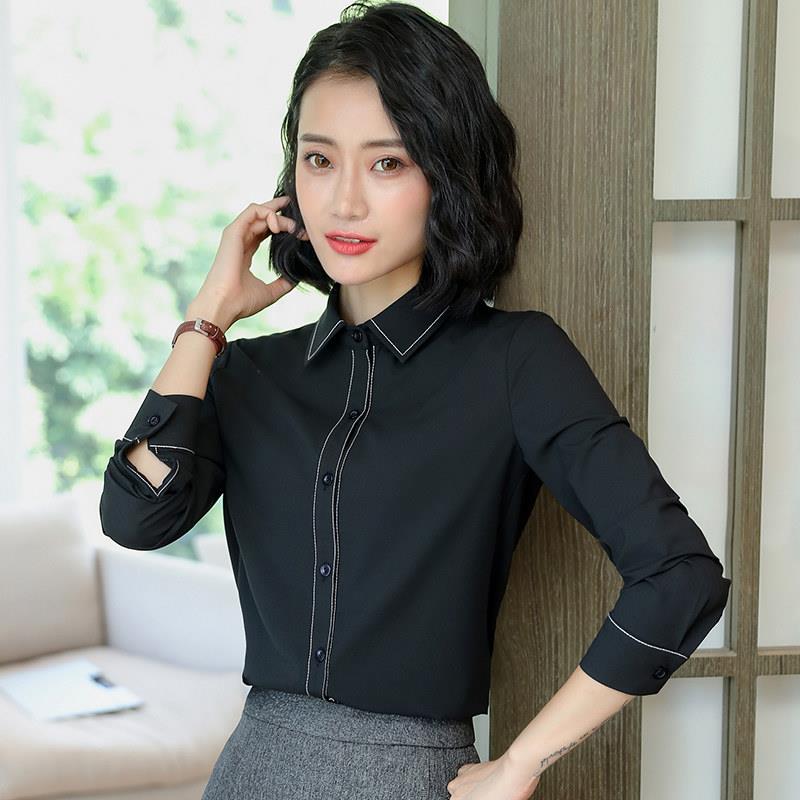 黑色职业衬衫女长袖秋冬修身气质衬衫工作服职业打底上衣正装寸衣