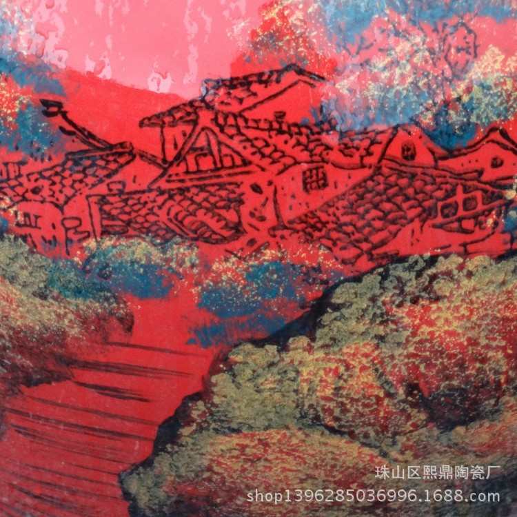 景德镇陶瓷落地大花瓶窑变手绘山水葫芦落地陶瓷花瓶创意礼品摆件