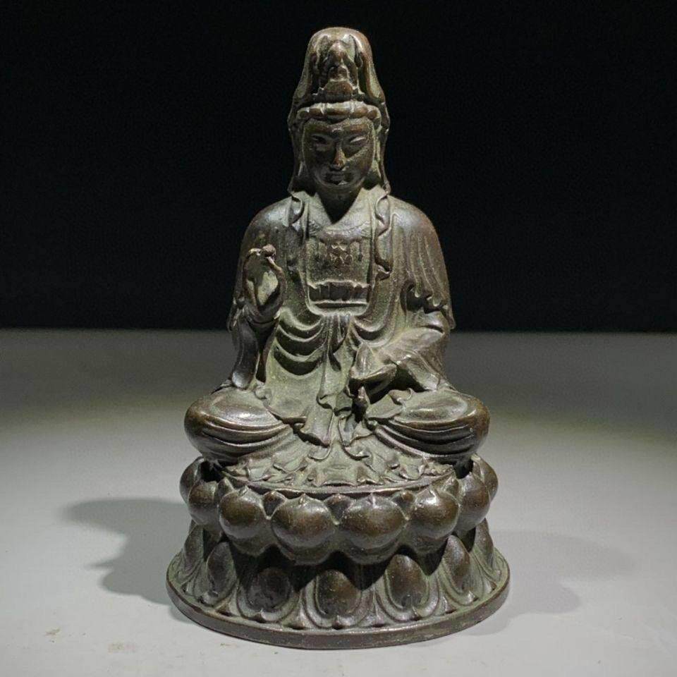 乡下收来老铜净瓶观音佛像观音坐莲观世音菩萨老铜像客厅装饰摆件