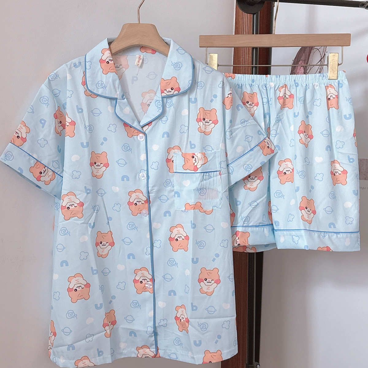 Zb1男团成韩彬binini蓝色冰丝睡衣女夏季短袖薄款可爱卡通家居服