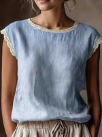 Women'S Vintage Linen Short Sleeve Top Lace Patchwork Round thumbnail 6