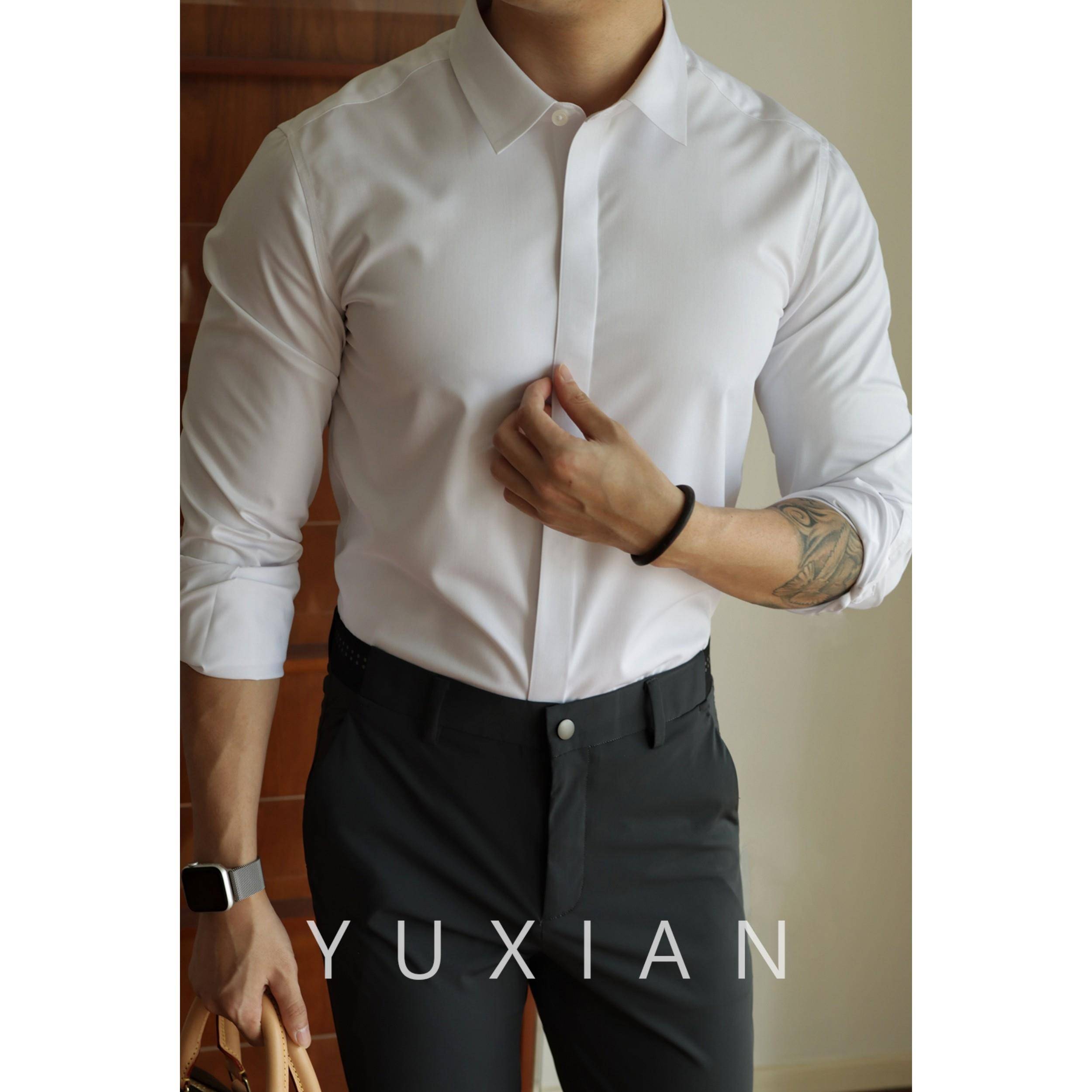 YUXIAN无痕易打理商务免熨烫抗皱暗扣纯色长袖衬衫休闲 上班正装