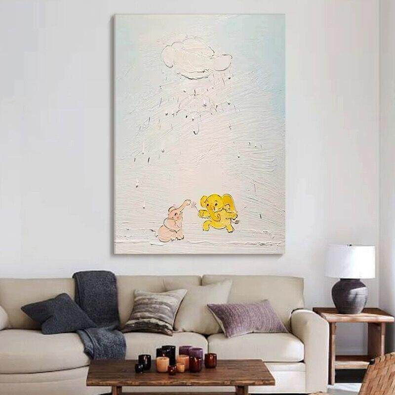 大芬村纯手绘客厅油画现代简约肌理挂画玄关餐厅走廊大小象装饰画