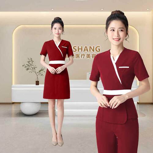 定制大码新款足疗技师工作服酒红色美容院工作服女高端美容师工装