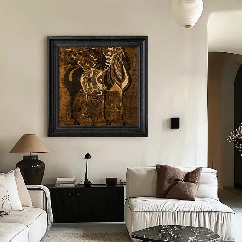 中古风骏马手绘油画马到成功客厅装饰画美式抽象复古玄关茶室挂画