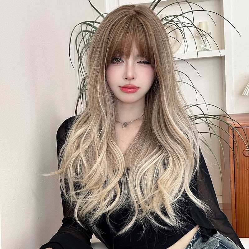 新款直销亚麻浅棕渐变款跨境轻欧美气质长卷发修脸新款全头套假发