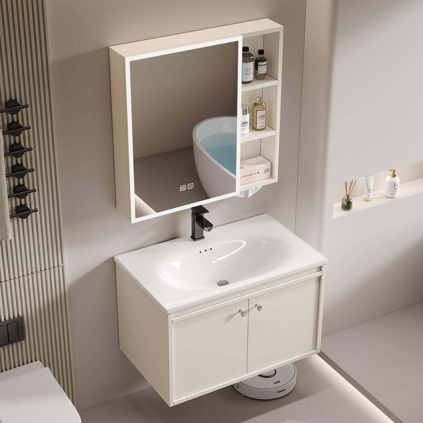 新款法式奶油色蜂窝铝浴室柜组合大容量一体陶瓷盆鸡蛋盆洗脸盆柜,家装主材,浴室柜组合,淘宝优惠券,粉丝福利购,淘宝优惠卷