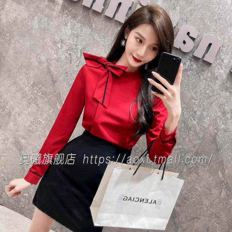 衬衣女蝴蝶结设计感小众气质修身红色职业衬衣美容院工服空姐制服