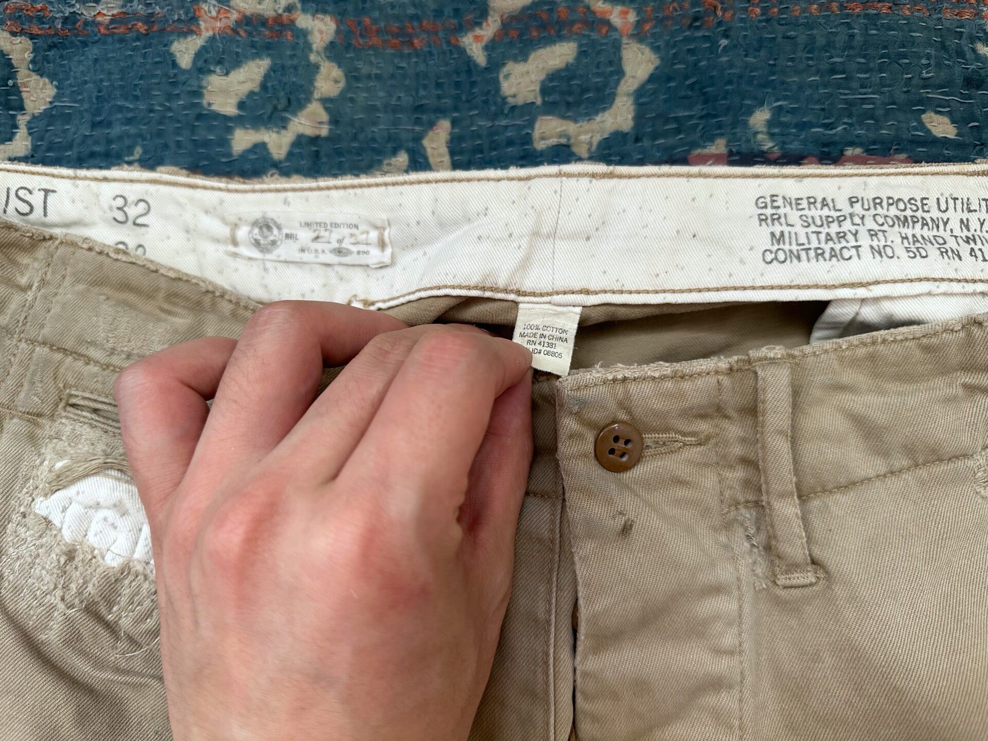 RRL Limited Patchwork Straight-Leg Pants — detail