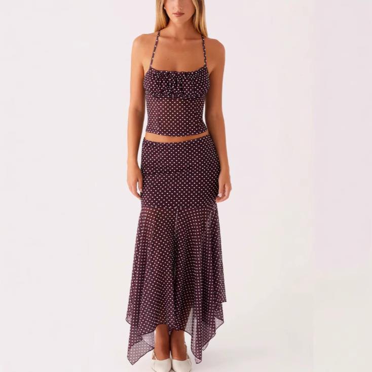 Women Summer Tank Camis Skirt Polka Dot Club Beach Two Set - 实物图